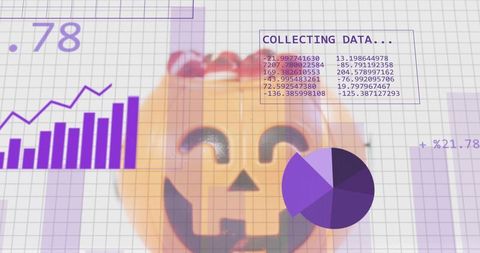 Jack-o-lantern glowing behind translucent purple data overlays with bar chart and pie chart