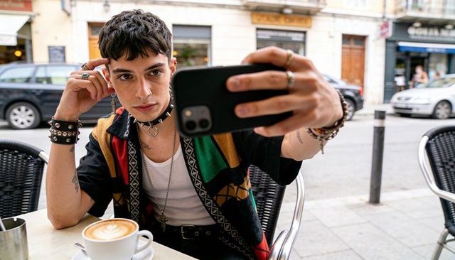 Young man taking selfie at urban cafe wearing patterned shirt, rings and choker