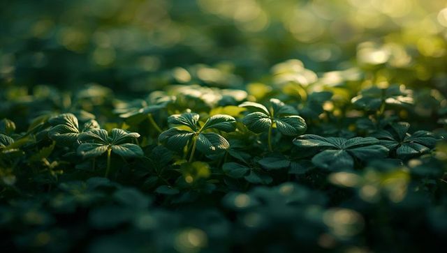 Glowing Sunlit Clover Groundcover Revealing Dewy Leaves and Soft Bokeh