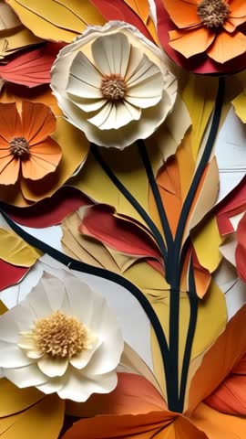 Vertical craft video panning over layered paper flowers and autumn leaves collage art