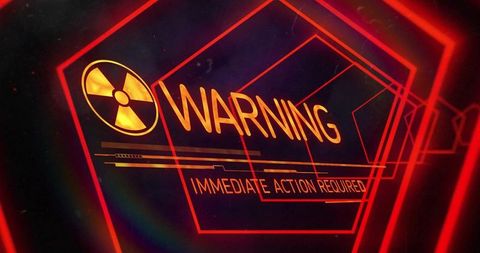 Digital warning sign with neon tunnel background