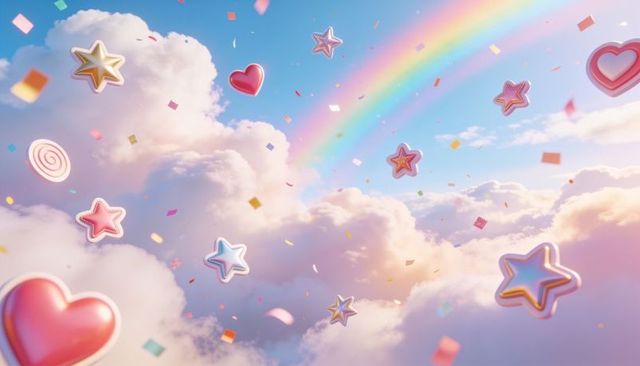 Floating pastel dreamscape with rainbow, glossy hearts, shiny stars and candy confetti