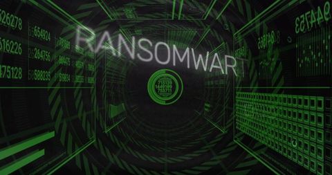 Ransomware Radial Tunnel with Pulsing Emblem and Neon Green Cybercode HUD Interface