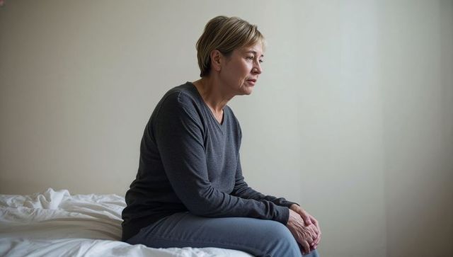 Senior woman sitting on bed gazing thoughtfully in minimalist bedroom