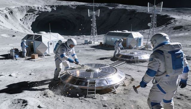 Astronauts Welding Solar Dome Modules at Lunar Base Near Massive Crater, Installing Power
