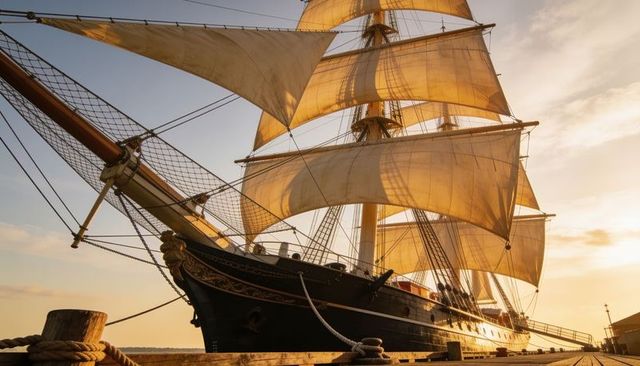 Golden sunlit tall ship mooring at wooden dock with sails unfurling at sunset