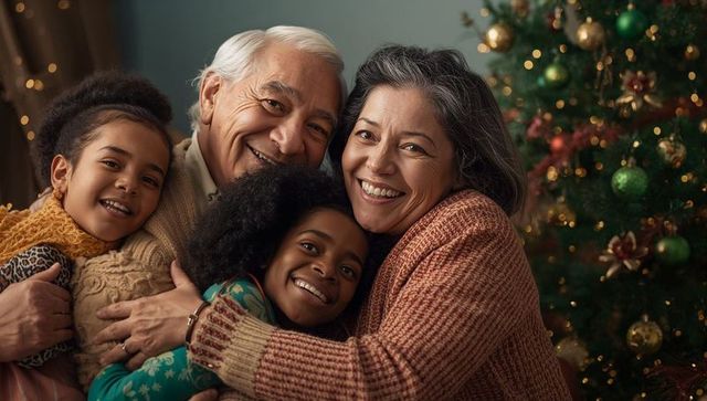 Joyful grandparents hugging grandchildren by christmas tree