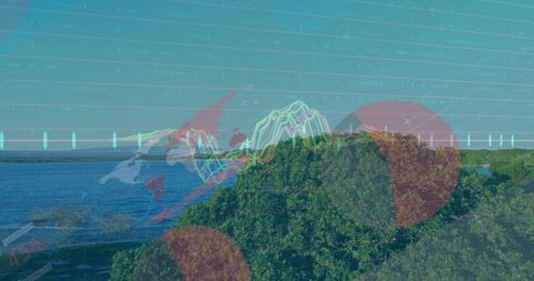 Green Hill Over River Showing World Map, Neon Graphs and Red Data Overlay