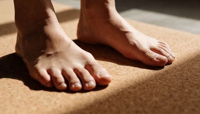 Bare adult feet standing on cork mat in warm sunlight, toes and soles in soft shadow detail