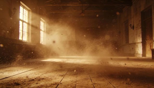 Dust-filled abandoned warehouse interior with sunbeams and cinematic dust motes