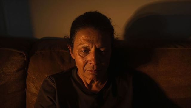 Contemplative senior woman bathed in warm low-key light on brown sofa at night