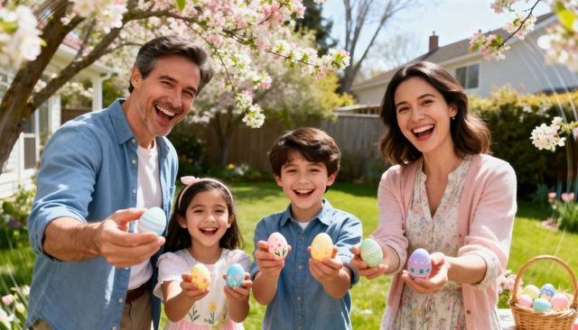 Smiling family celebrating easter egg hunt in blooming backyard garden with pastel eggs