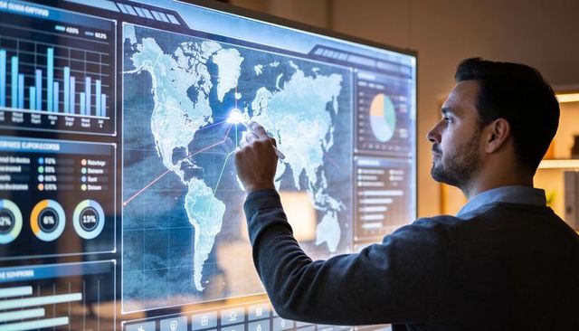 Business analyst interacting with world map touchscreen for global data visualization