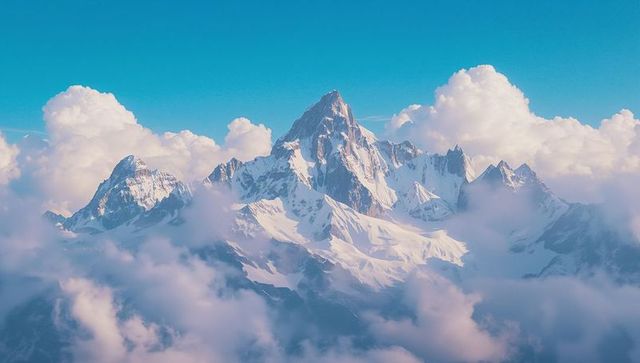 Dramatic alpine peaks among cumulus clouds