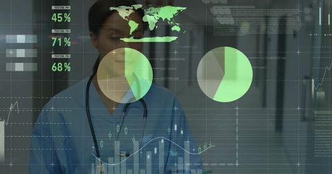 Clinician reviewing interactive healthcare analytics dashboard overlay hospital corridor
