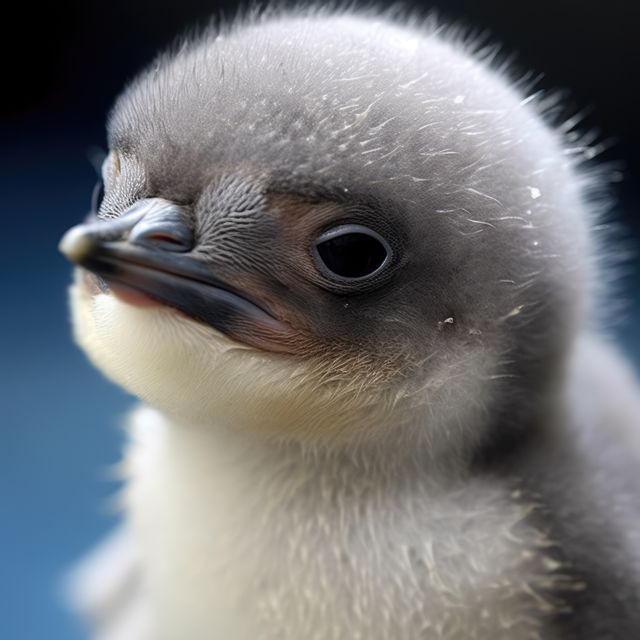 This close-up of an adorable fluffy baby penguin chick showcases its delicate feathers and wide, innocent eyes. Perfect for use in educational materials, wildlife photography articles, nature blogs, and animal-themed children's books. The image exudes a sense of innocence and natural beauty, making it an excellent choice for audiences ranging from kids to wildlife enthusiasts.