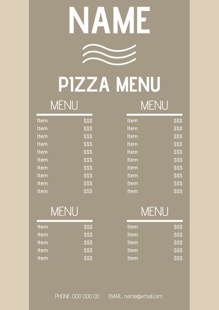 This modern minimalist pizza menu template features a clean design with a beige background, ideal for showcasing your pizzeria's offerings. The editable layout allows restaurants to easily update items, prices, and contact information. Perfect for both print and digital use, this template provides a professional look for any pizzeria.