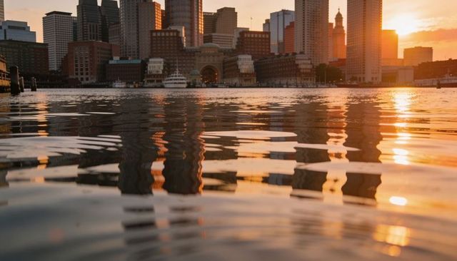Sunset harbor skyline reflecting on rippling water with ferry and historic terminal