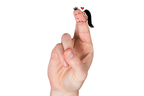 Caucasian hand with cute cartoon couple on transparent background