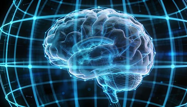 Holographic 3D Brain Network Floating Inside Digital Grid Dome with Glowing Neural Nodes
