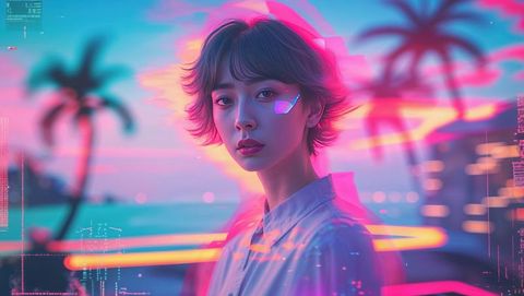 Futuristic Glitch Art with Woman by Tropical Shoreline