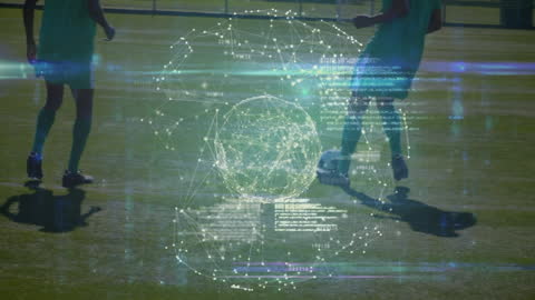Futuristic Digital Globe Overlay on Soccer Players in Action