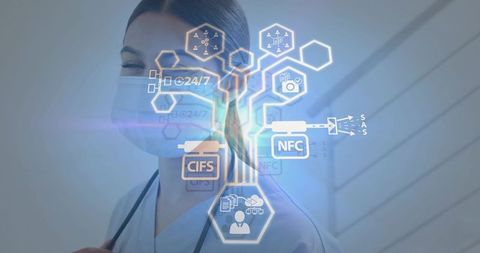 Clinician wearing mask holding stethoscope standing with holographic healthtech overlays