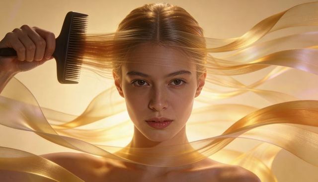 Combing long blonde hair with golden silk ribbons flowing around glamour beauty portrait