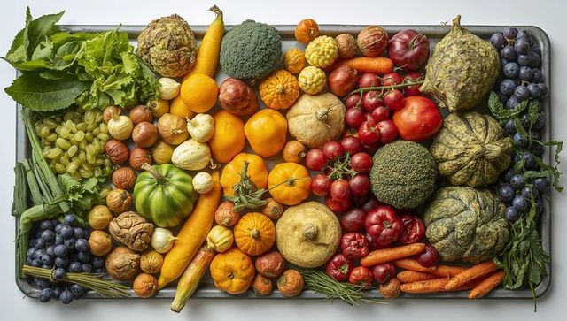 Vibrant seasonal produce assortment on metal tray flat lay for farm-to-table visuals