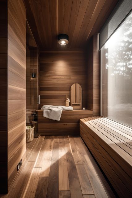 Bright wooden sauna with big window and view to trees, created using generative ai technology. Sauna, relaxation and self care concept digitally generated image.
