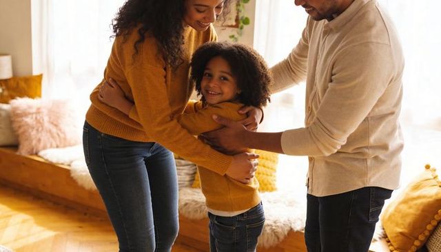 Parents hugging daughter in cozy living room sharing warm family moment at home