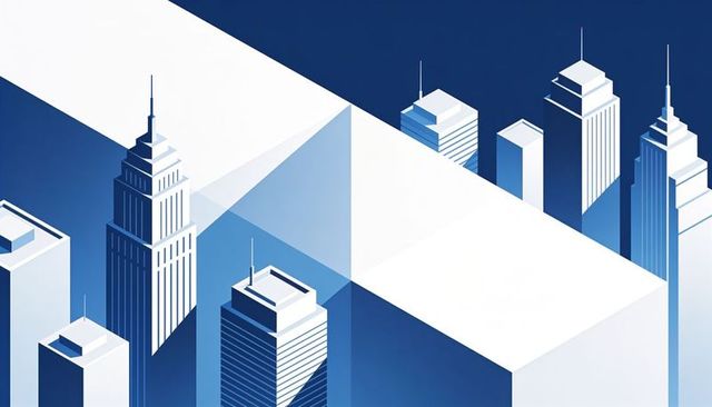 White beam cutting across isometric blue cityscape with geometric skyscrapers