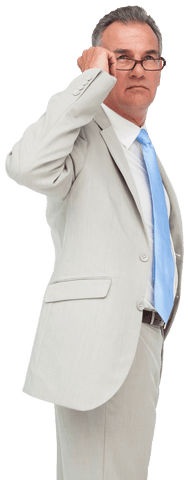 Confident Caucasian Businessman Adjusting Glasses with Transparent Background