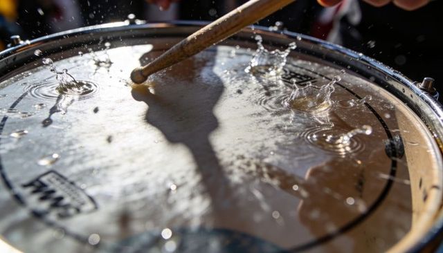 Wooden drumstick striking wet drumhead creating water crown splashes and sunlit ripples