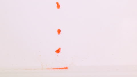 Super Slow Motion Dripping Orange Drops on White Background