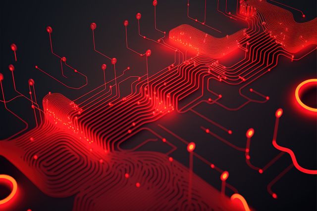 Image of red 3d computer circuit board and red light trails on dark background. Computing and data processing concept created using generative ai technology.