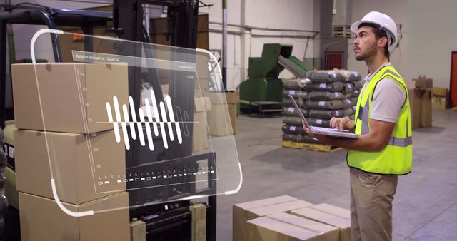 Warehouse worker using a laptop for inventory management, shown with a digital interface overlay. Forklift and stacked boxes in the background, highlighting warehouse operations and logistics industry. Effective for themes like technology in logistics, modern supply chain, inventory control, industrial safety, or digital transformation in manufacturing.