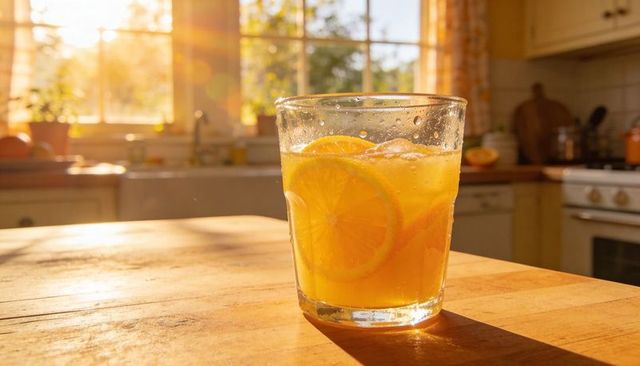 Sunlit tumbler holding iced orange drink with citrus slices on rustic wooden table