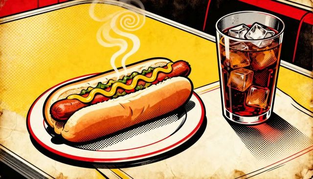 Steaming pop art hot dog with cola on retro diner table