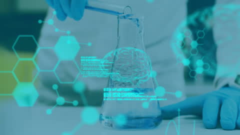 Futuristic Science Experiment with Digital Overlay and DNA Structure