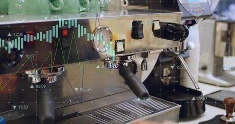 Espresso machine with financial data overlays blending coffee culture and market analytics