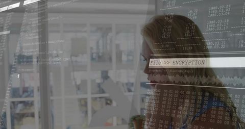 Female developer studying encrypted code with translucent terminal and hexadecimal overlay on workst