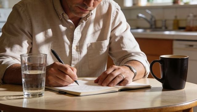 Middle-aged man writing in notebook at sunlit kitchen table, journaling with coffee and water