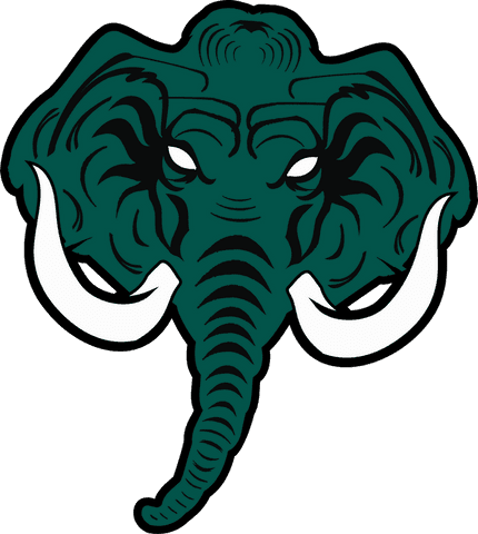 Stylized elephant mascot with ornamental tusks on transparent background