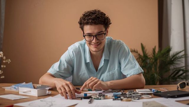 Young man assembling electronics on home desk with circuit boards, tools, schematics