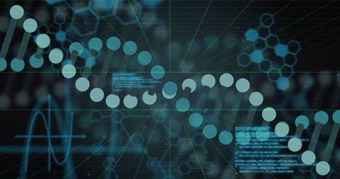 Animating futuristic DNA helix sliding across holographic bio dashboard with neon teal grid