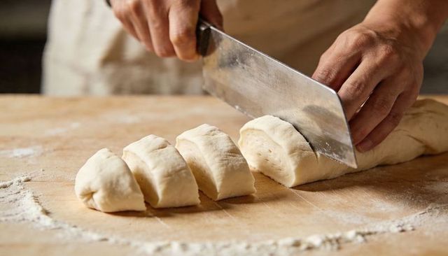 Baker cutting dough log with bench scraper on floured wooden counter