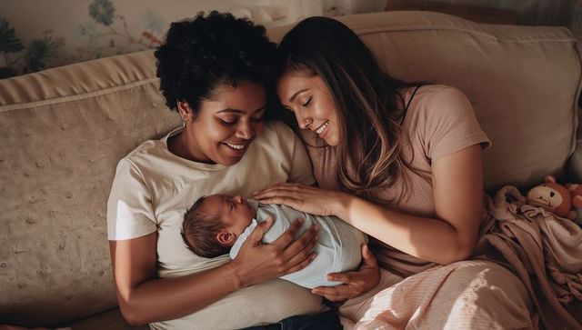 Same-sex mothers cradling newborn on sofa, tender bonding moment at home