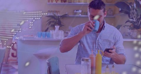 Man sipping coffee and checking phone after alert in retro pastel diner