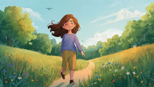Smiling girl walking meadow path among wildflowers under sunny sky gentle breeze illustration